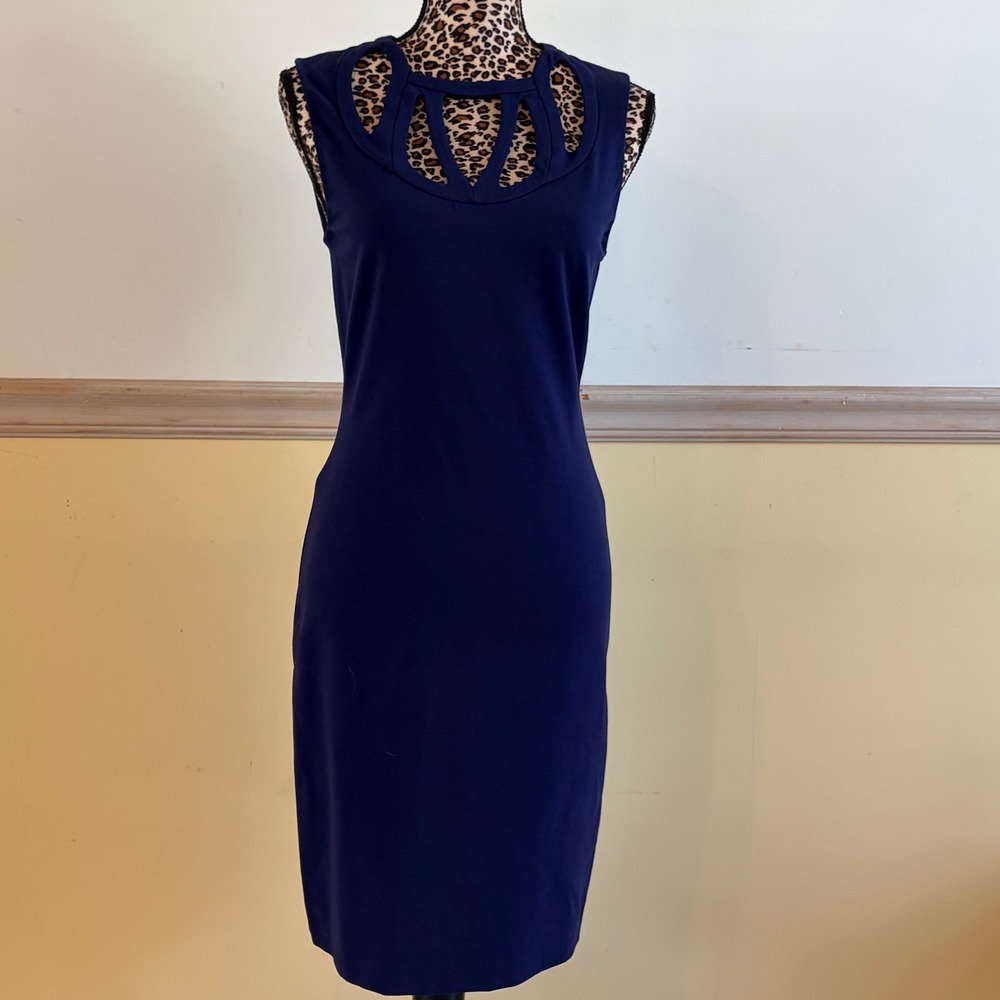 Diane von Furstenberg Navy Blue Cage Cutout Sheath Dress Size 4 Sleeveless Ponte